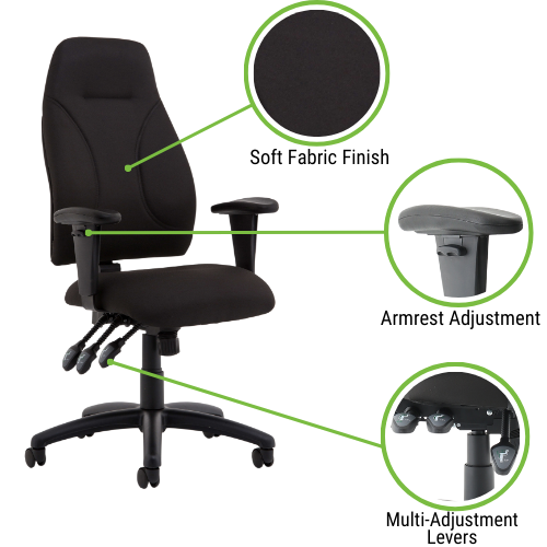Chair showing soft fabric finish, armrest adjustment and multiple adjustment levers